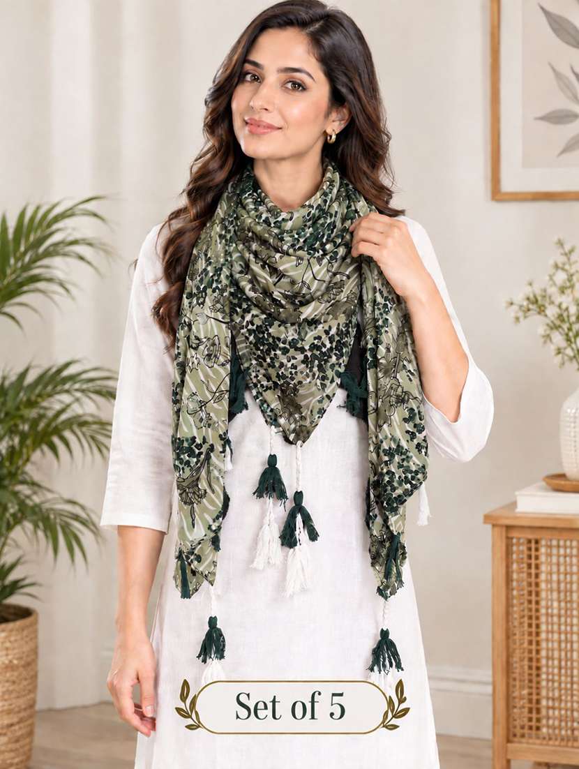 women pack of 5 floral printed scarf with tassels