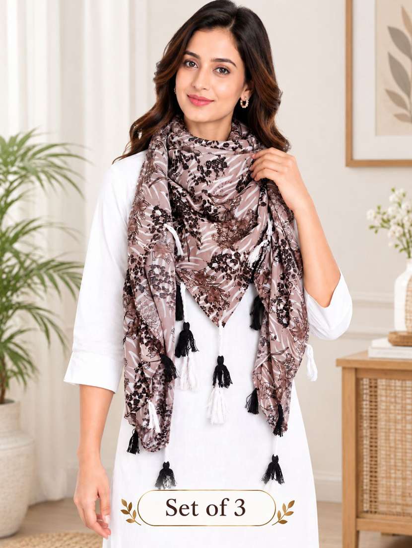 women pack of 3 floral printed scarf with tassels