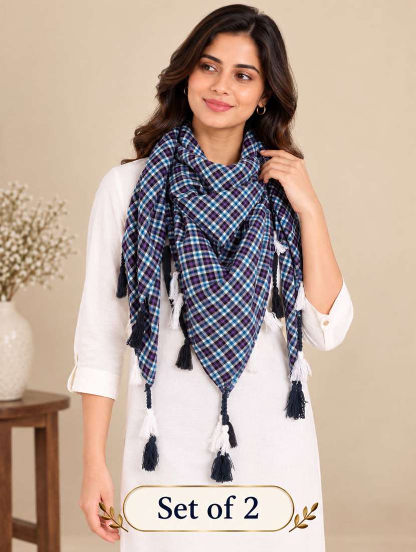 women pack of 2 checkered scarf with tassels