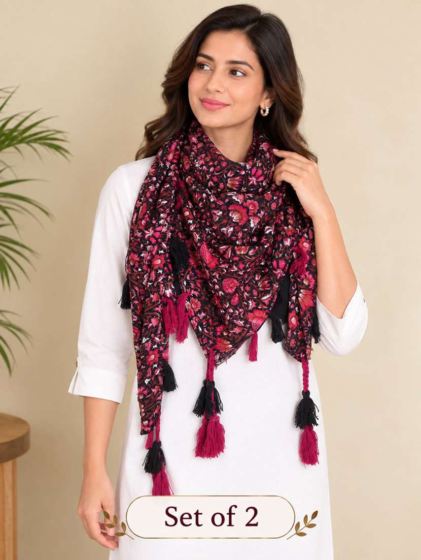 women pack of 2 floral printed scarf with tassels