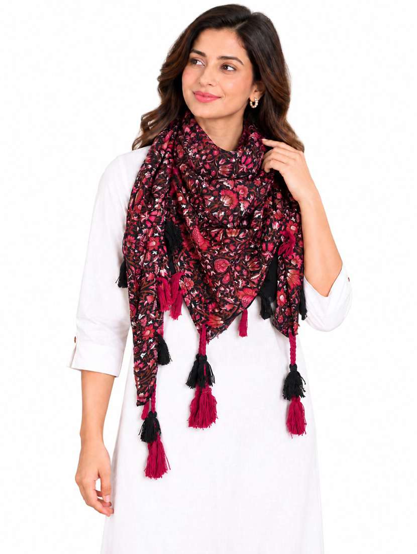 Women Pack Of 2 Floral Printed Scarf With Tassels - 22720987 -  Standard Image - 3