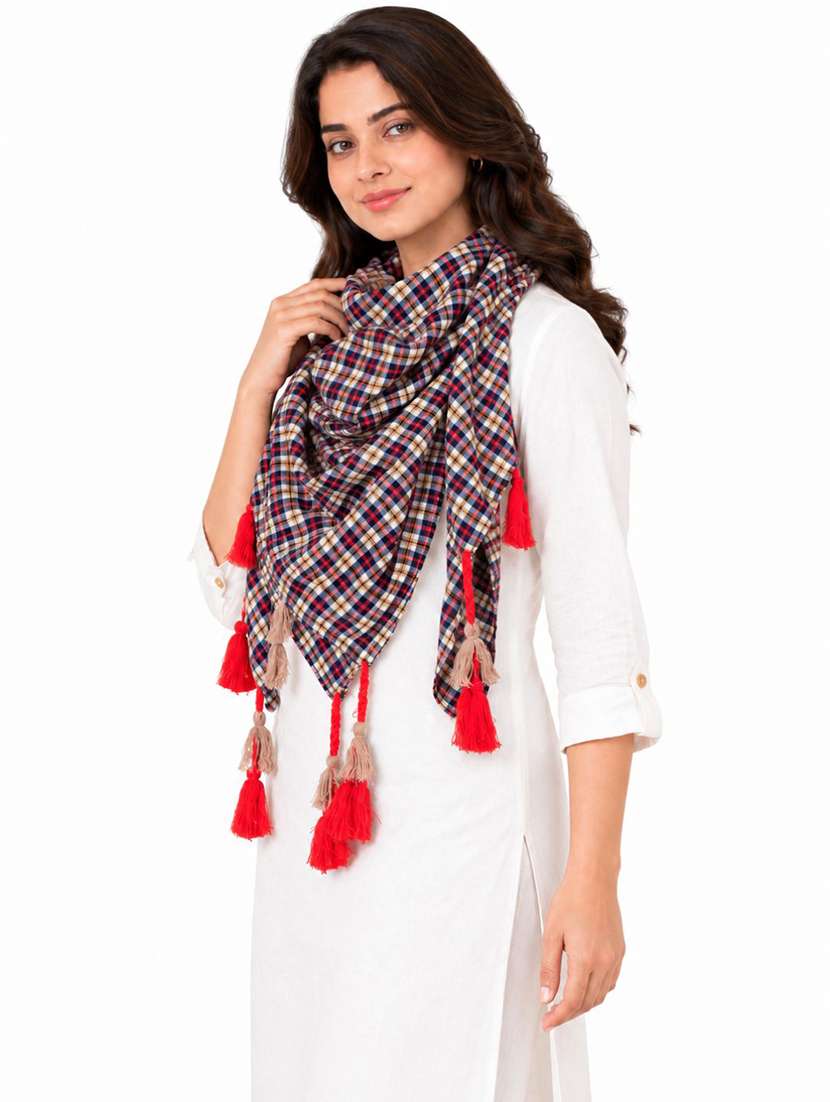Women Checkered Scarf With Tassels - 22720991 -  Standard Image - 3