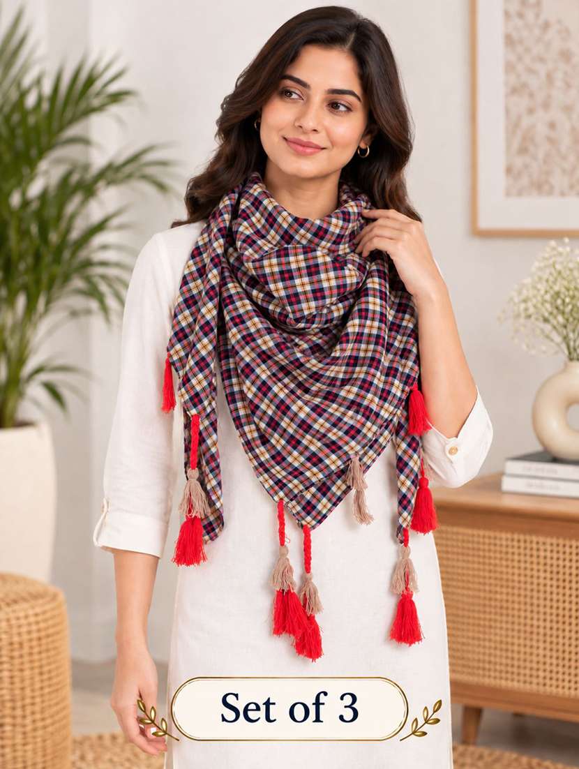 women pack of 3 checkered scarf with tassels