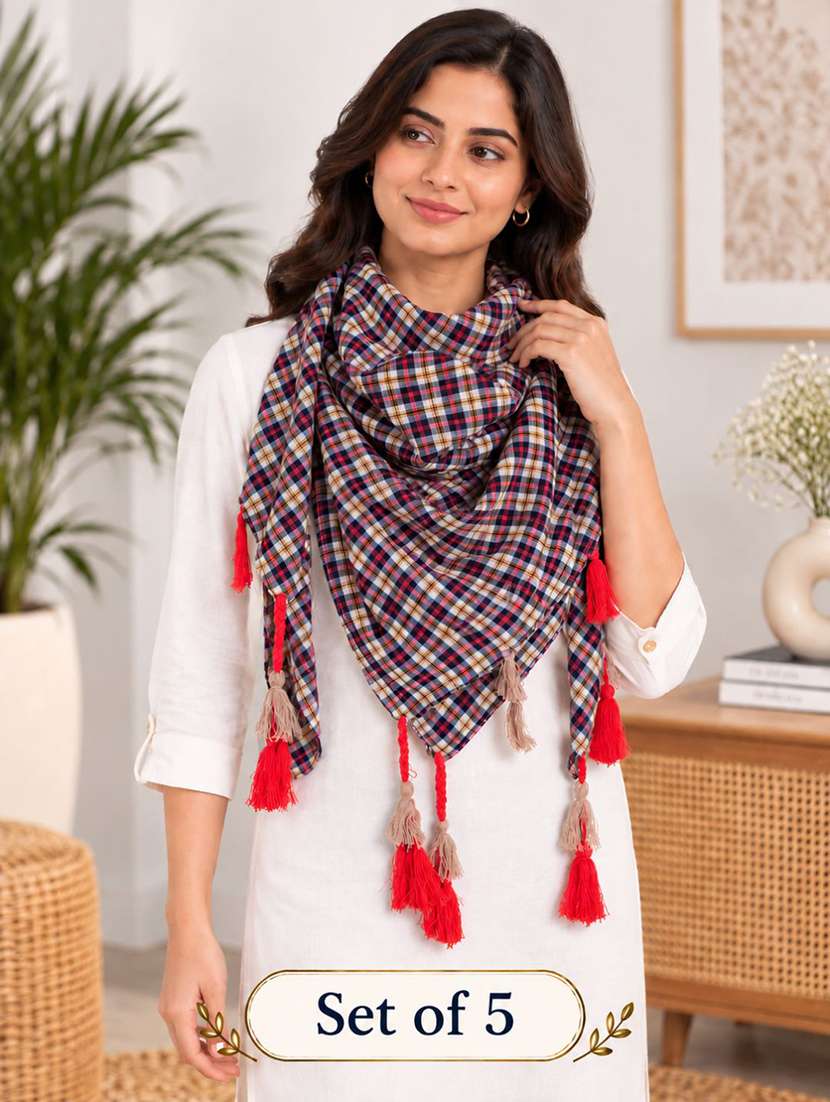 women pack of 5 checkered scarf with tassels