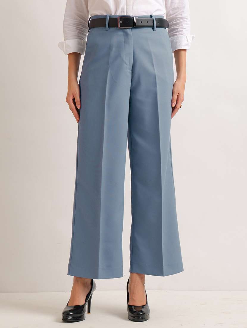 women solid high rise wide leg trouser