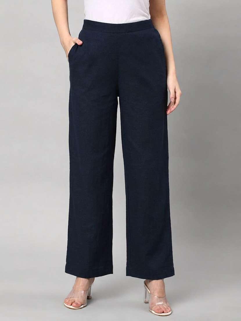 women solid mid rise straight pant