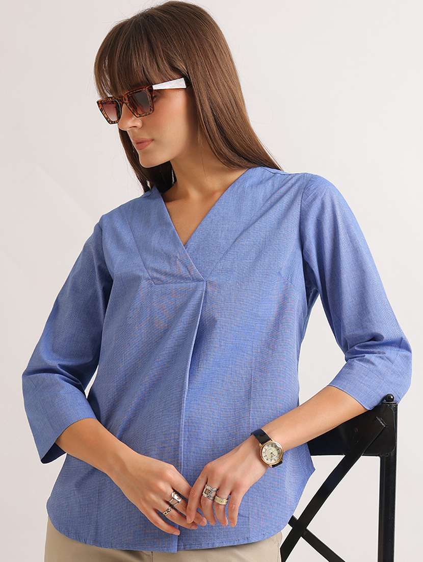 women solid three quarter sleeves regular top
