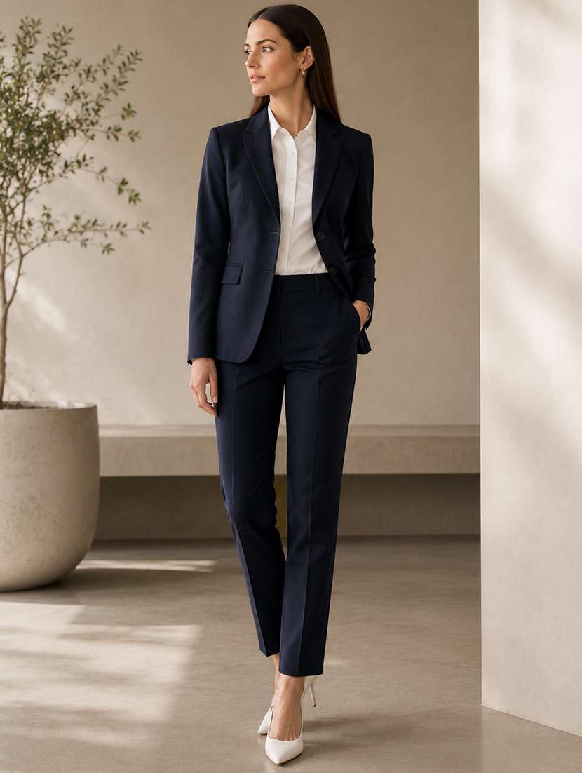 women solid long sleeves blazer and trouser set