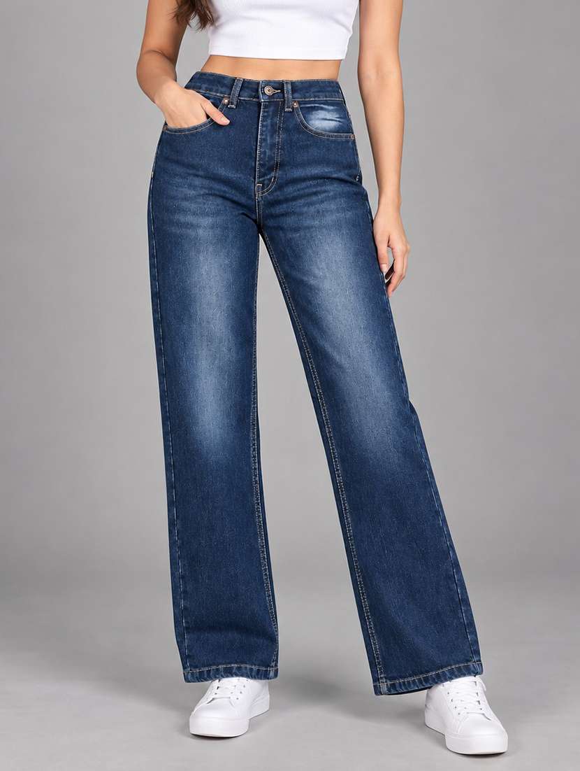 women washed high rise straight jeans