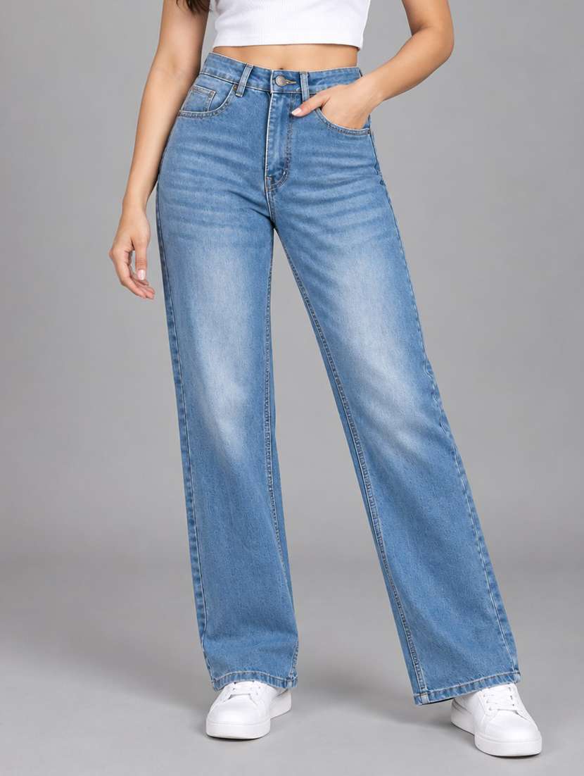 women washed high rise straight jeans