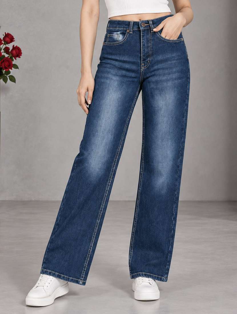 women washed high rise straight jeans