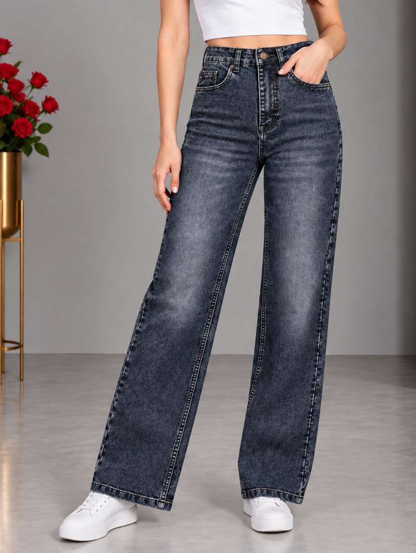 women washed high rise straight jeans