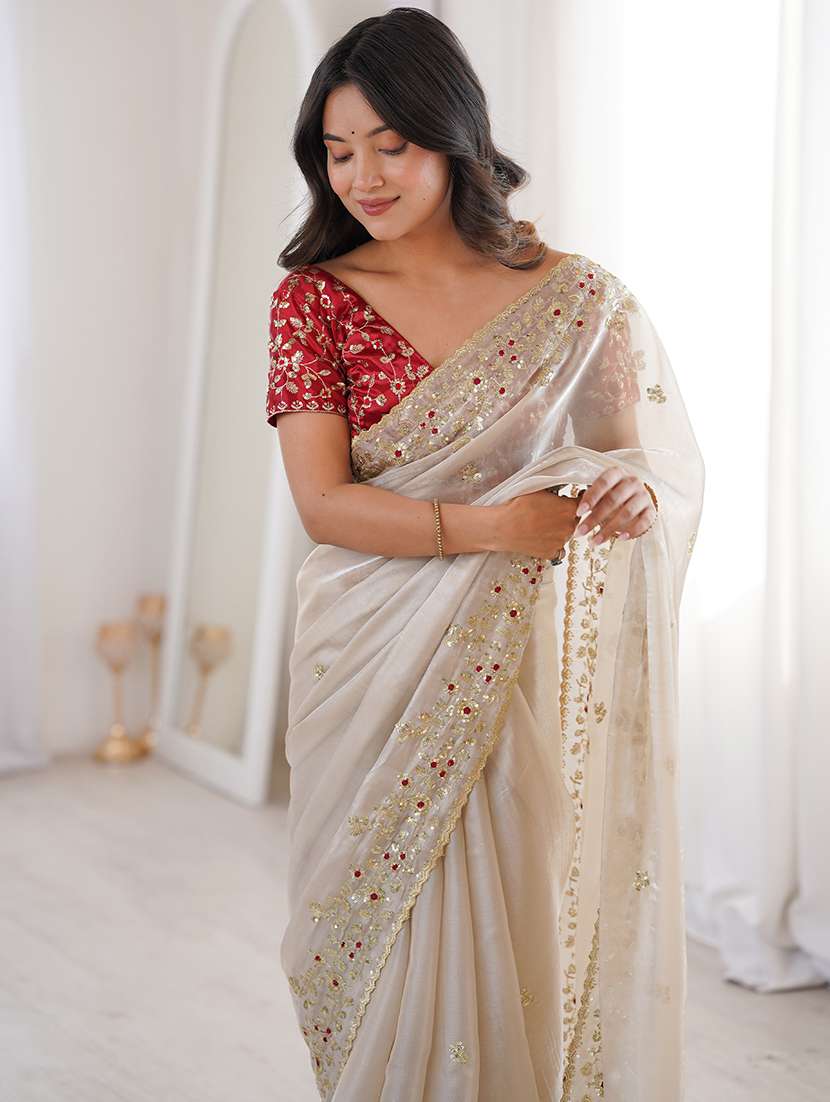 Women Solid With Work Bordered Saree With Blouse - 22721924 -  Standard Image - 3