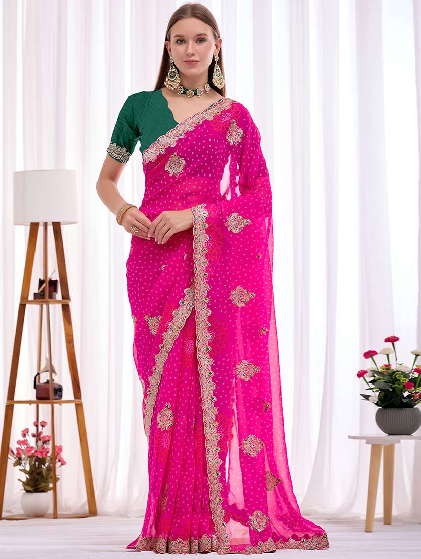 women bandhani printed saree with blouse