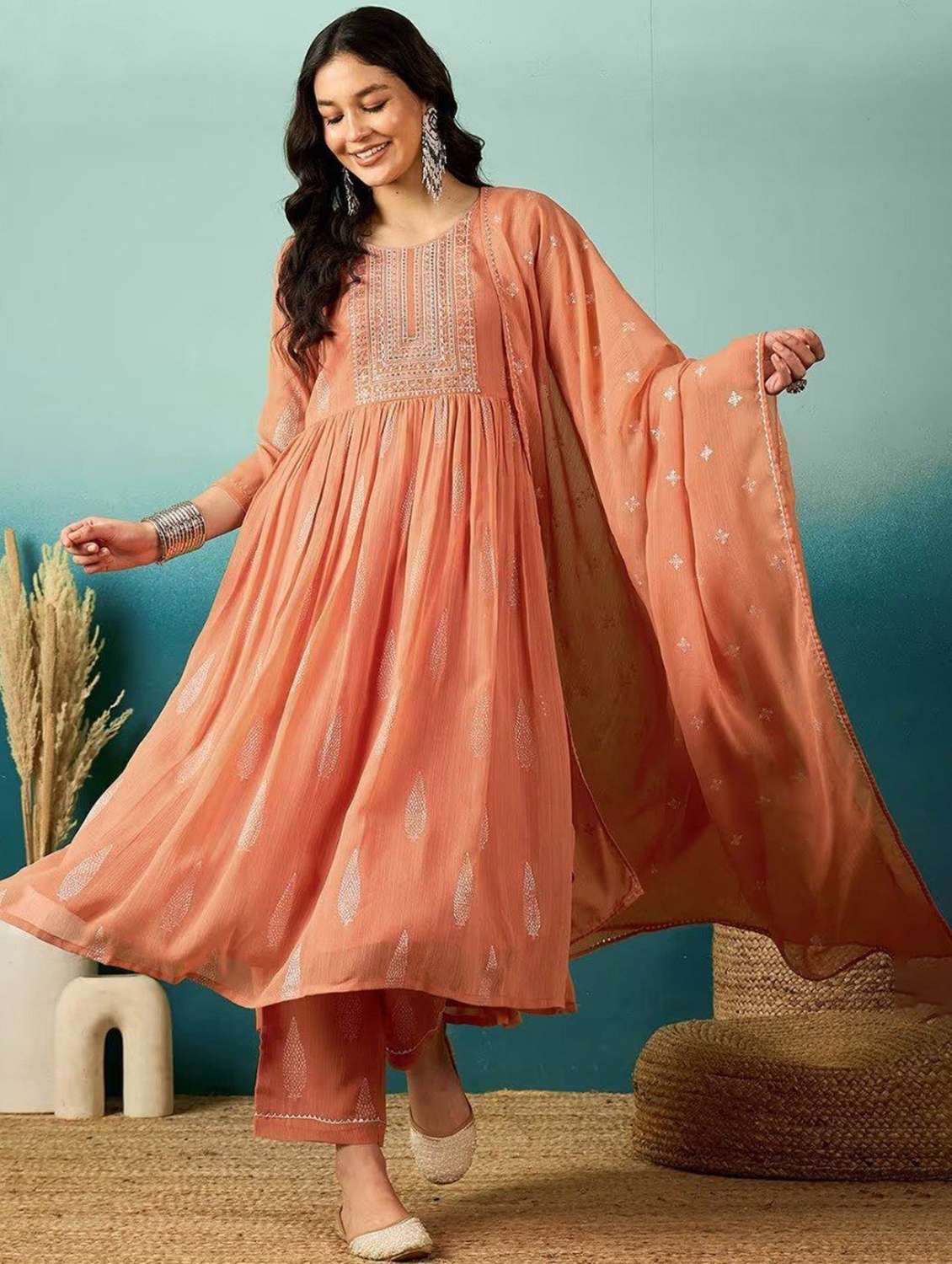 women embroidered three quarter sleeves kurta pant set with dupatta