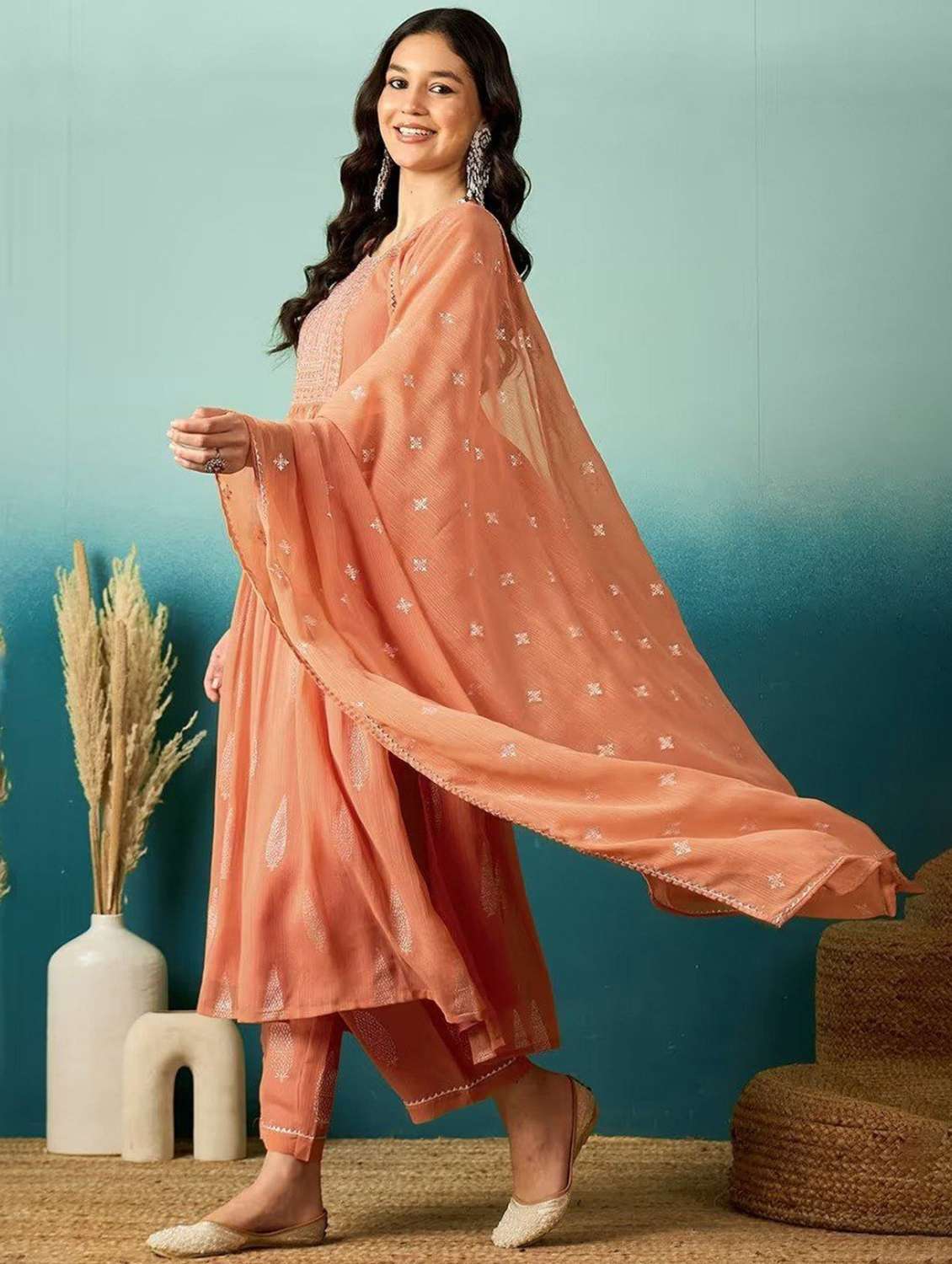 Women Embroidered Three Quarter Sleeves Kurta Pant Set With Dupatta - 22722135 -  Standard Image - 3