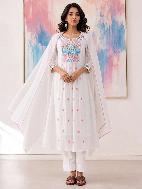 women embroidered three quarter sleeves kurta pant set with dupatta
