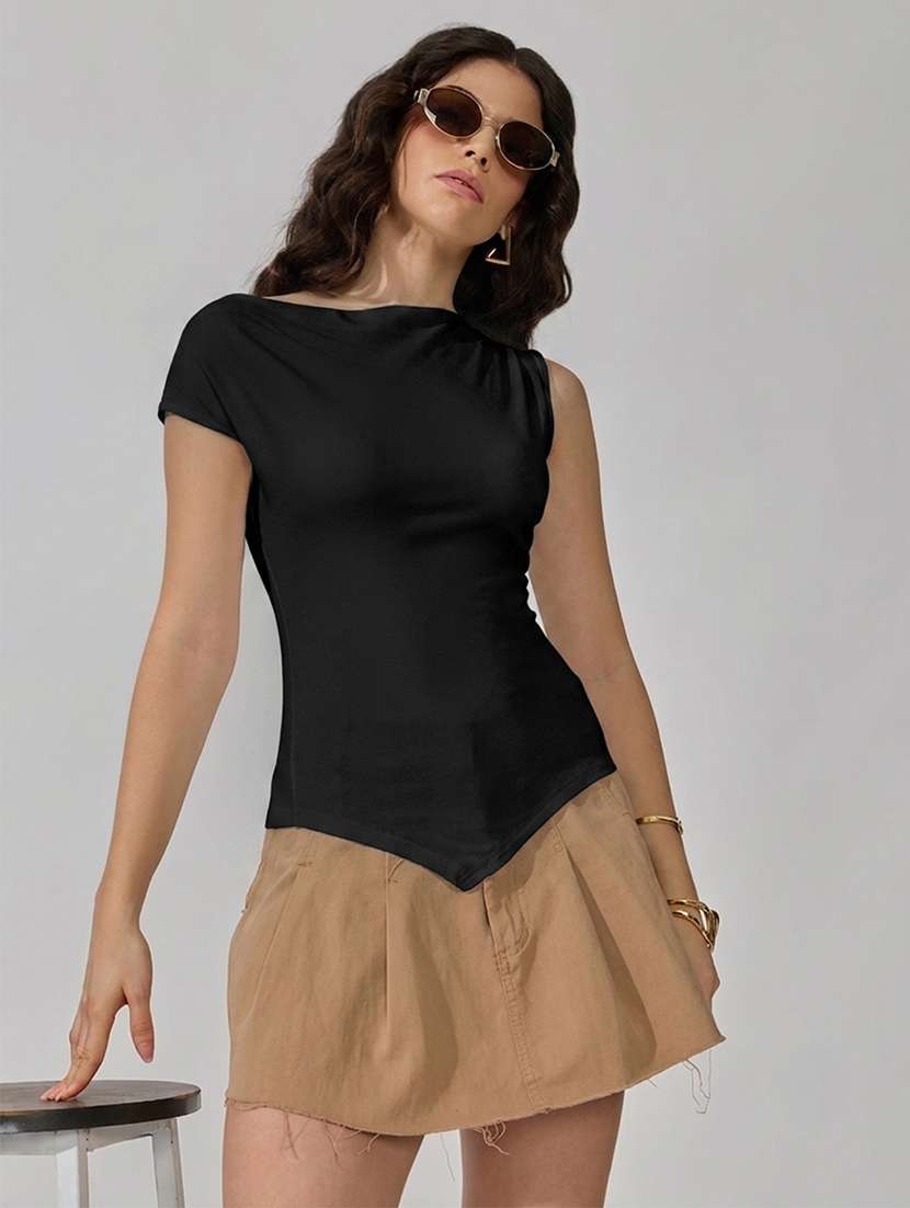 women solid short sleeves asymmetric top