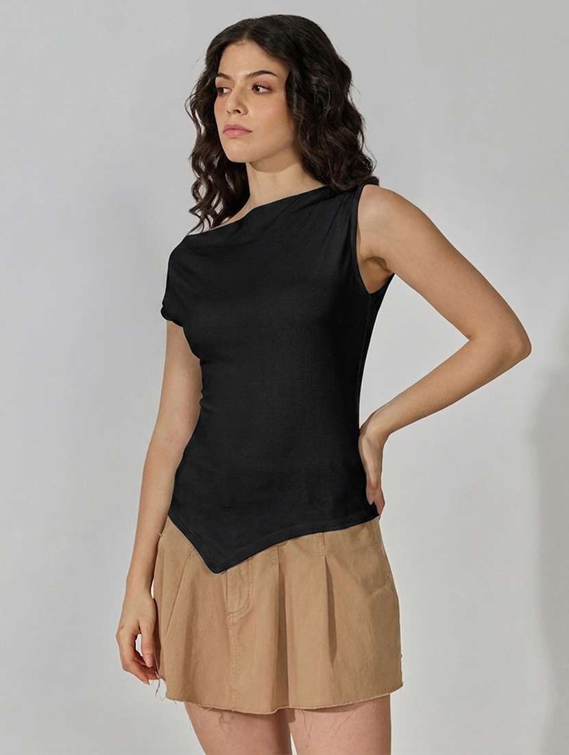 Women Solid Short Sleeves Asymmetric Top - 22722752 -  Standard Image - 3
