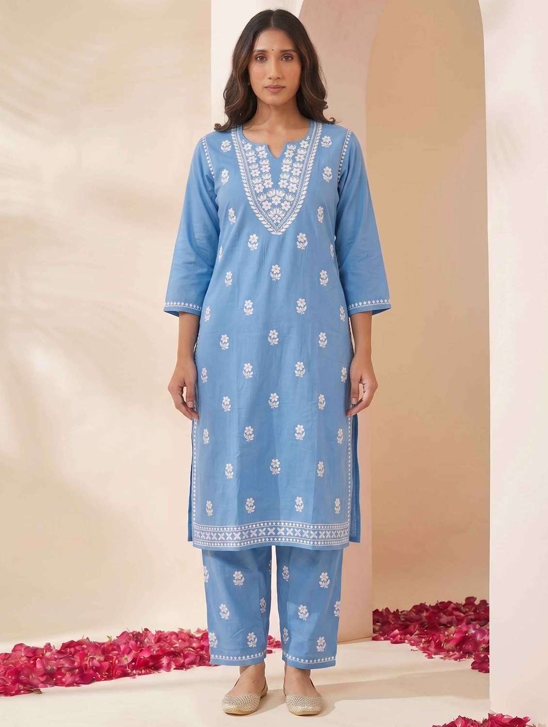 women embroidered three quarter sleeves kurta pant set