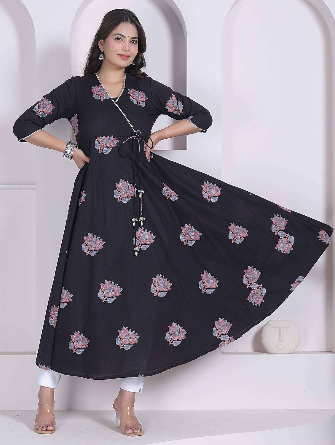 angrakha cotton black floral three quarter sleeves kurta
