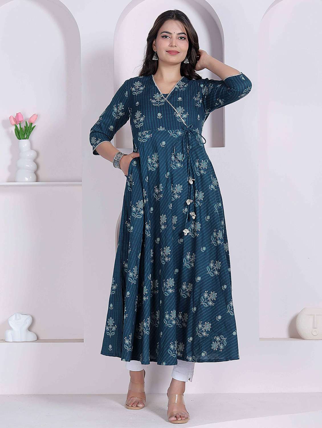 women printed three quarter sleeves angrakha kurta