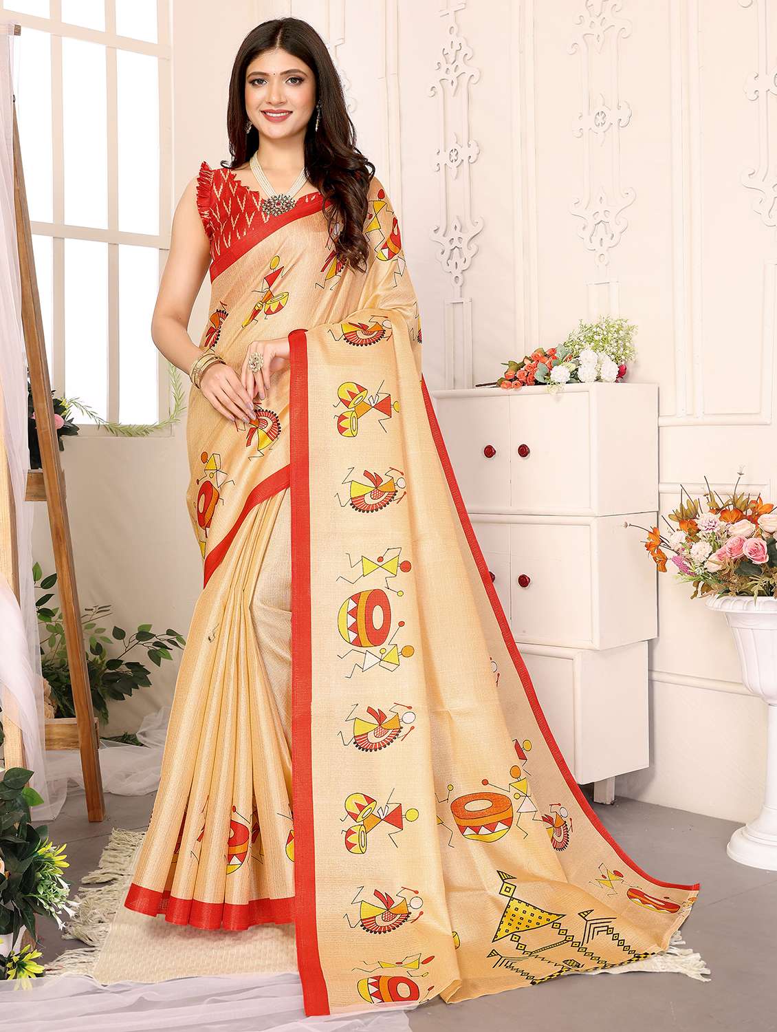 women warli printed saree with blouse