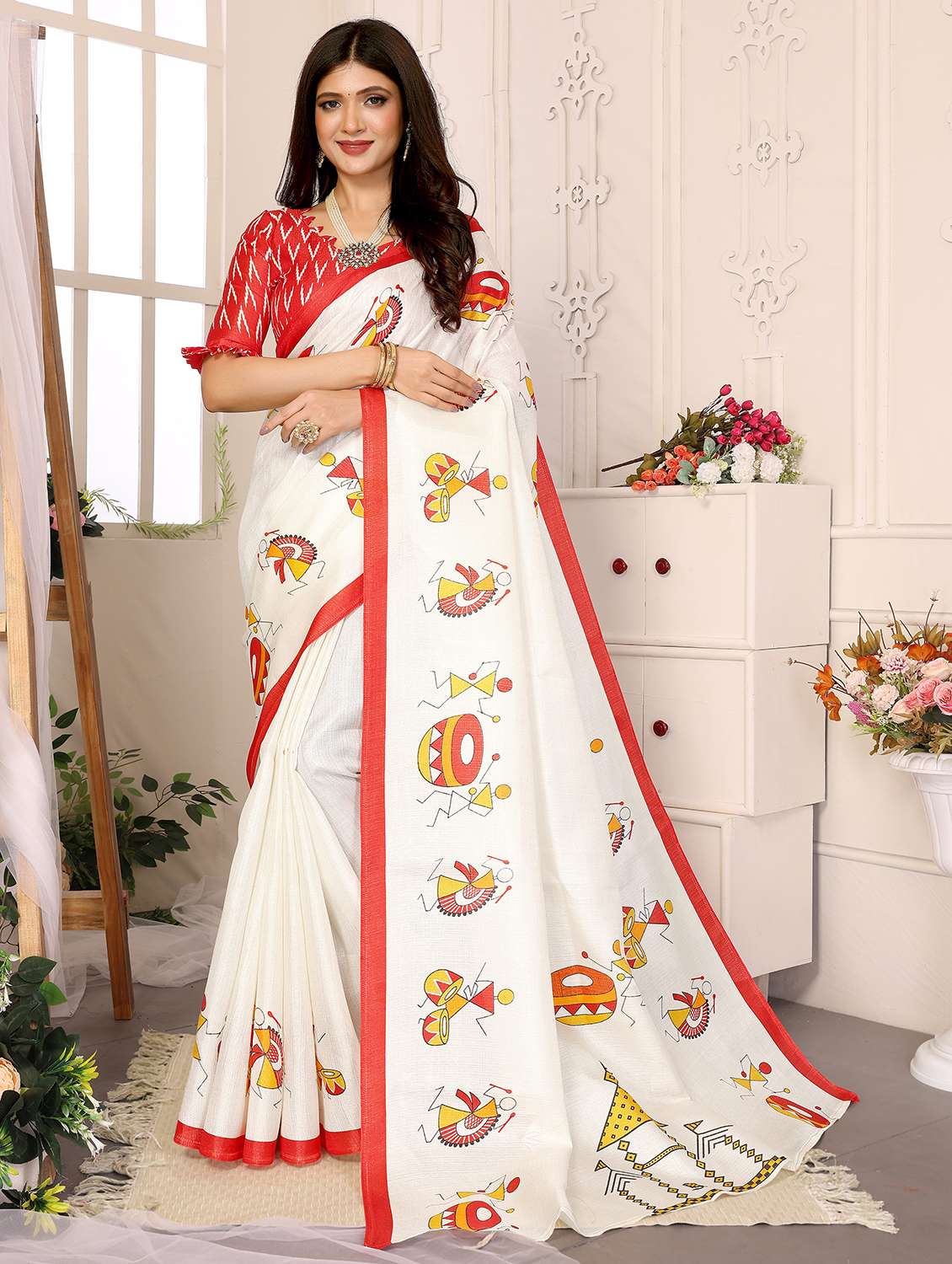 women warli printed saree with blouse