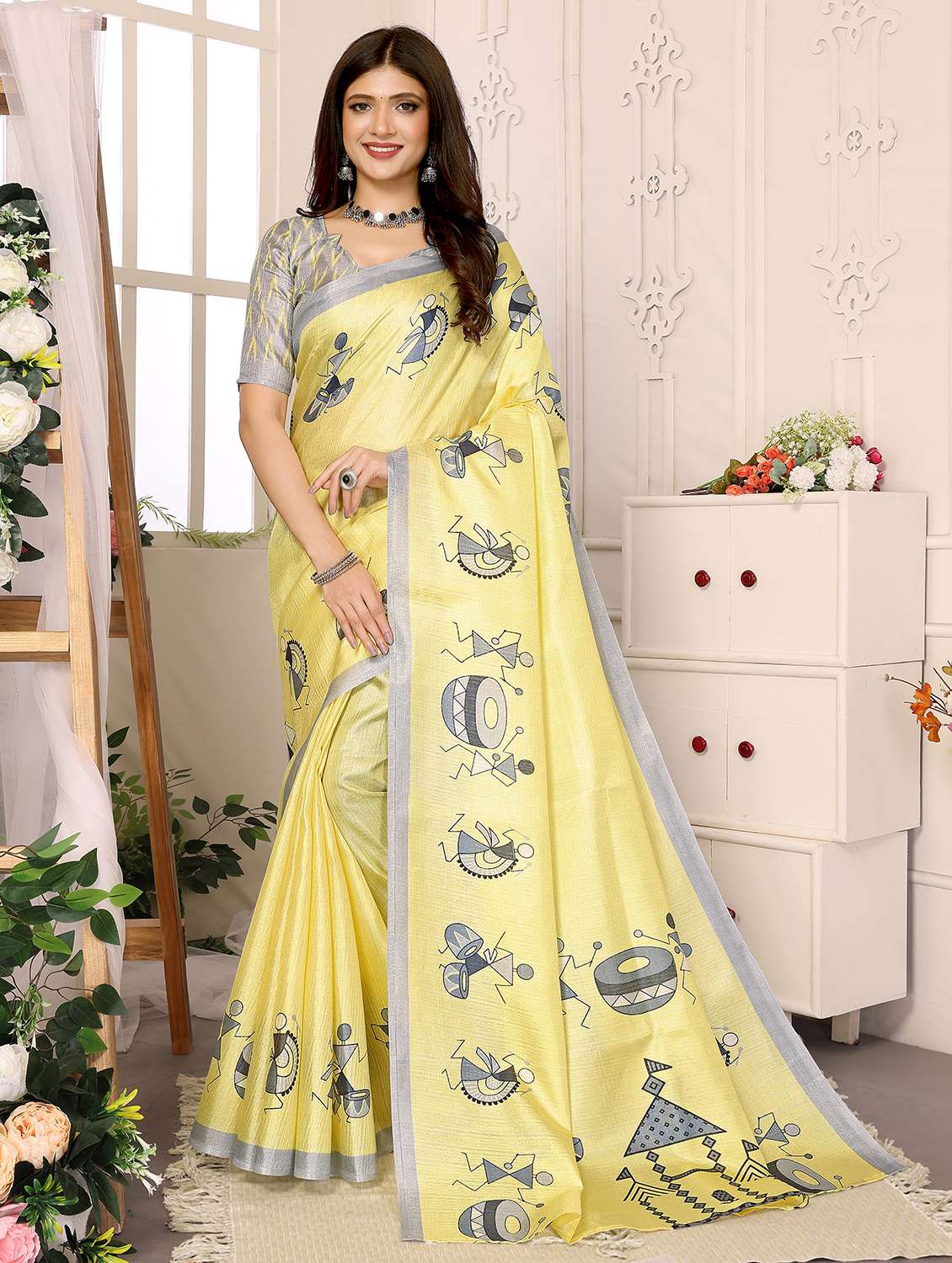 women warli printed saree with blouse