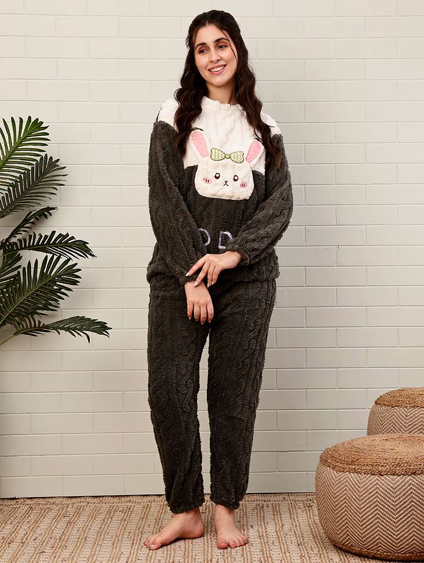women colourblocked long sleeves nightwear set