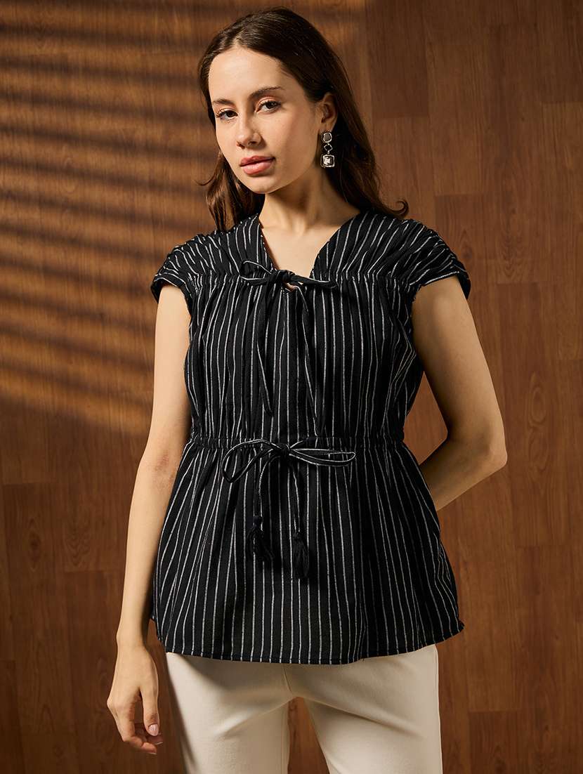 women striped cap sleeves a-line top