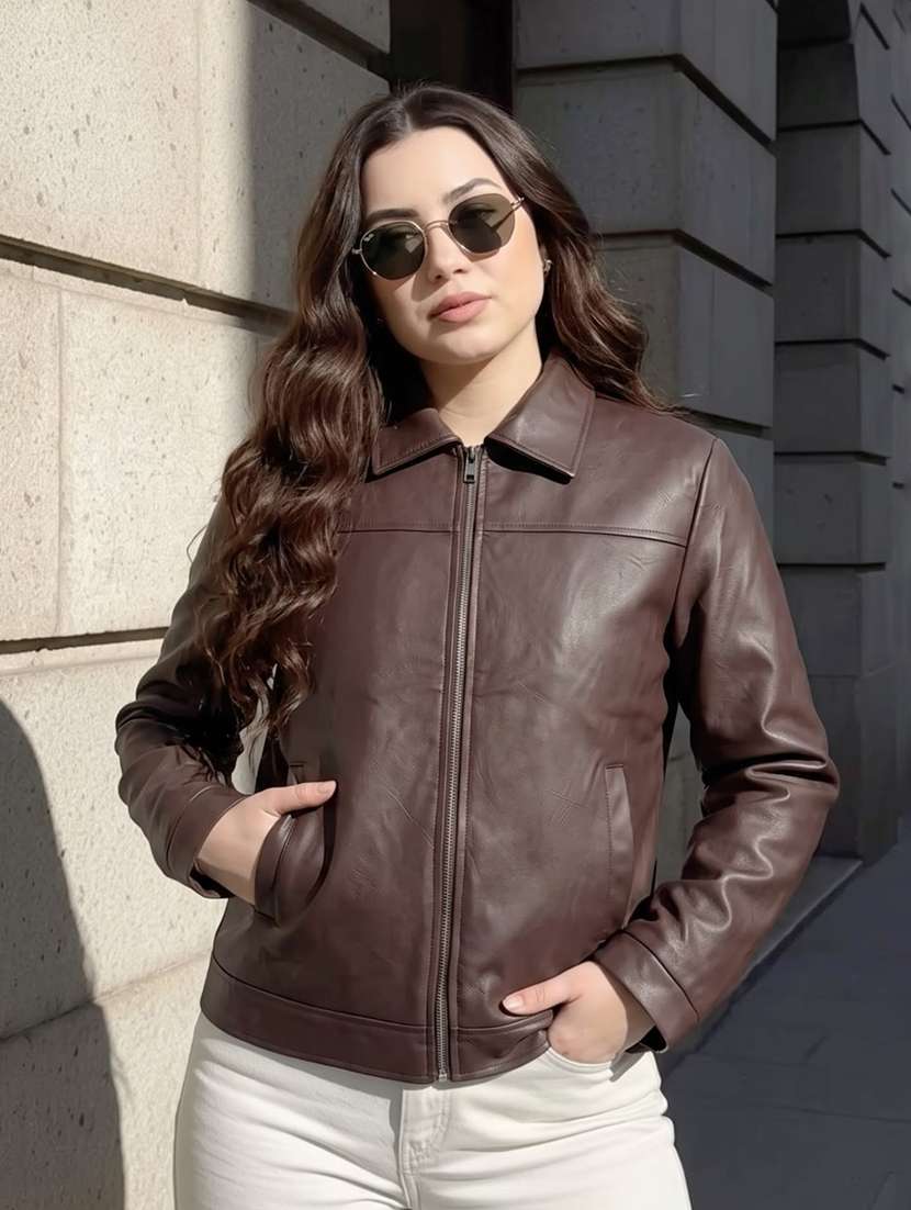women solid long sleeves leather jacket
