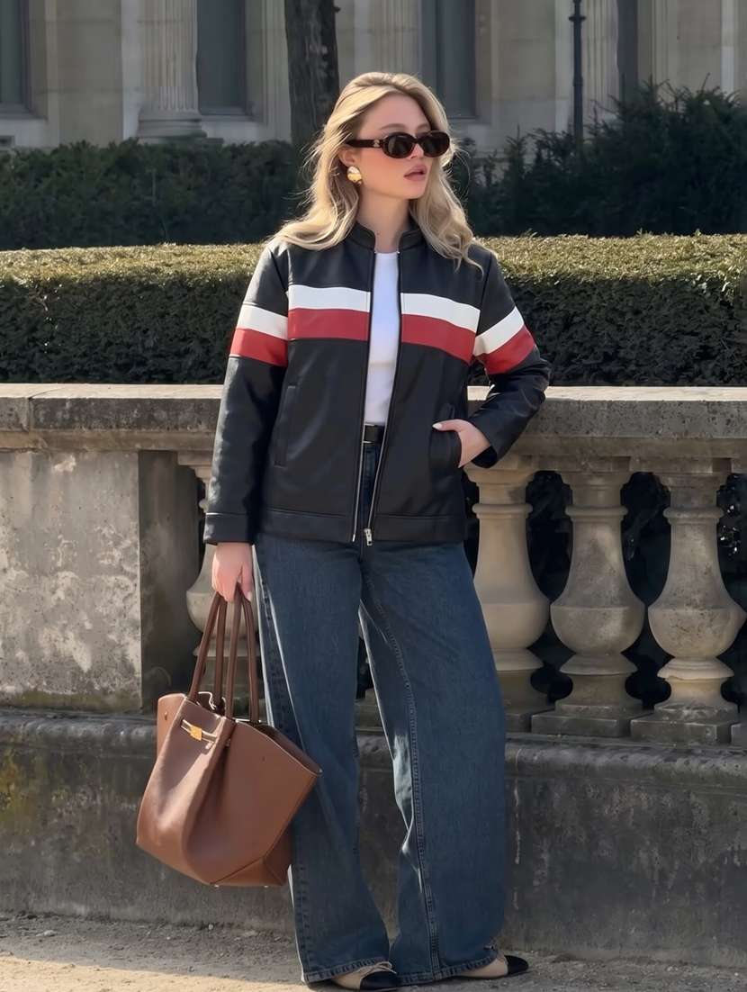 women striped long sleeves biker jacket