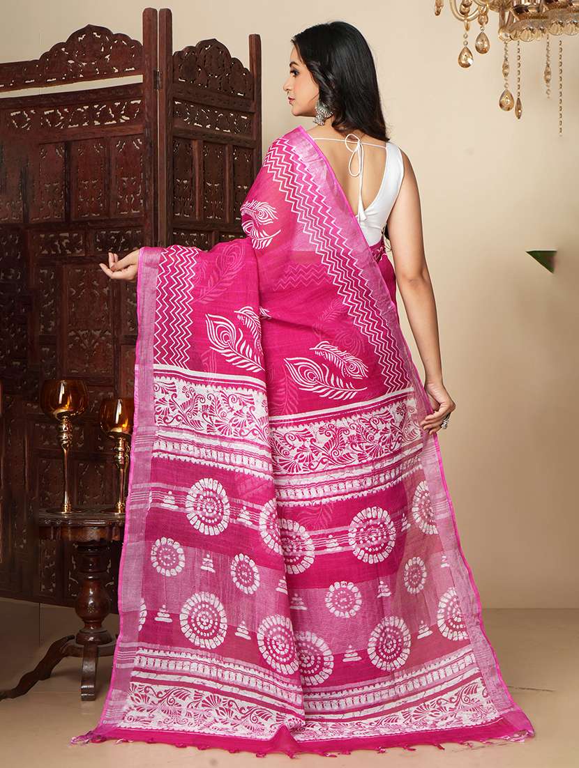 Women Printed Handloom Saree With Blouse - 22724813 -  Standard Image - 3