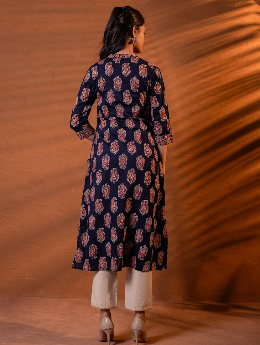 Women Printed Three Quarter Sleeves Straight Kurta - 22724853 -  Standard Image - 3