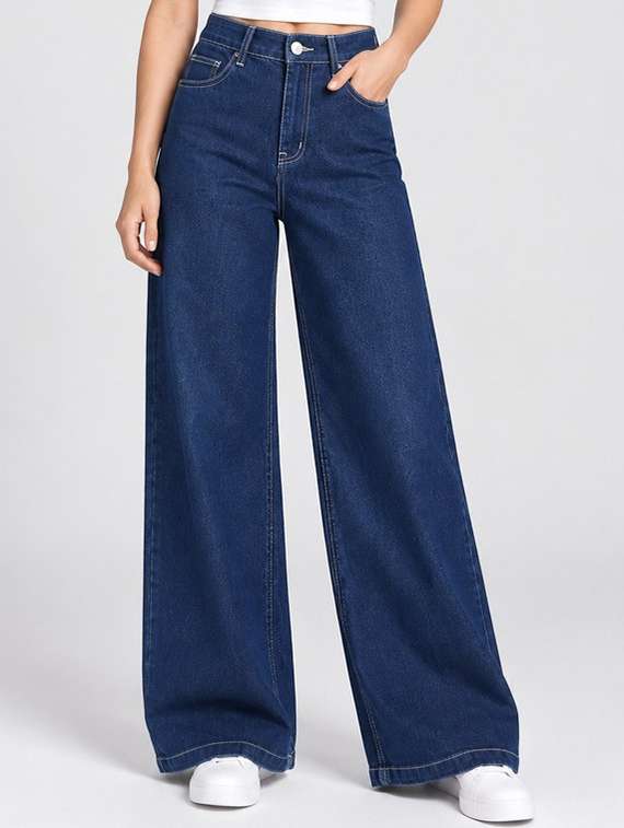 women plain mid rise wide leg jeans