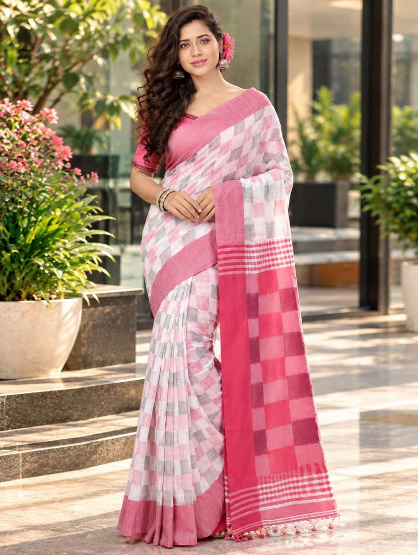 women checkered handloom saree with blouse