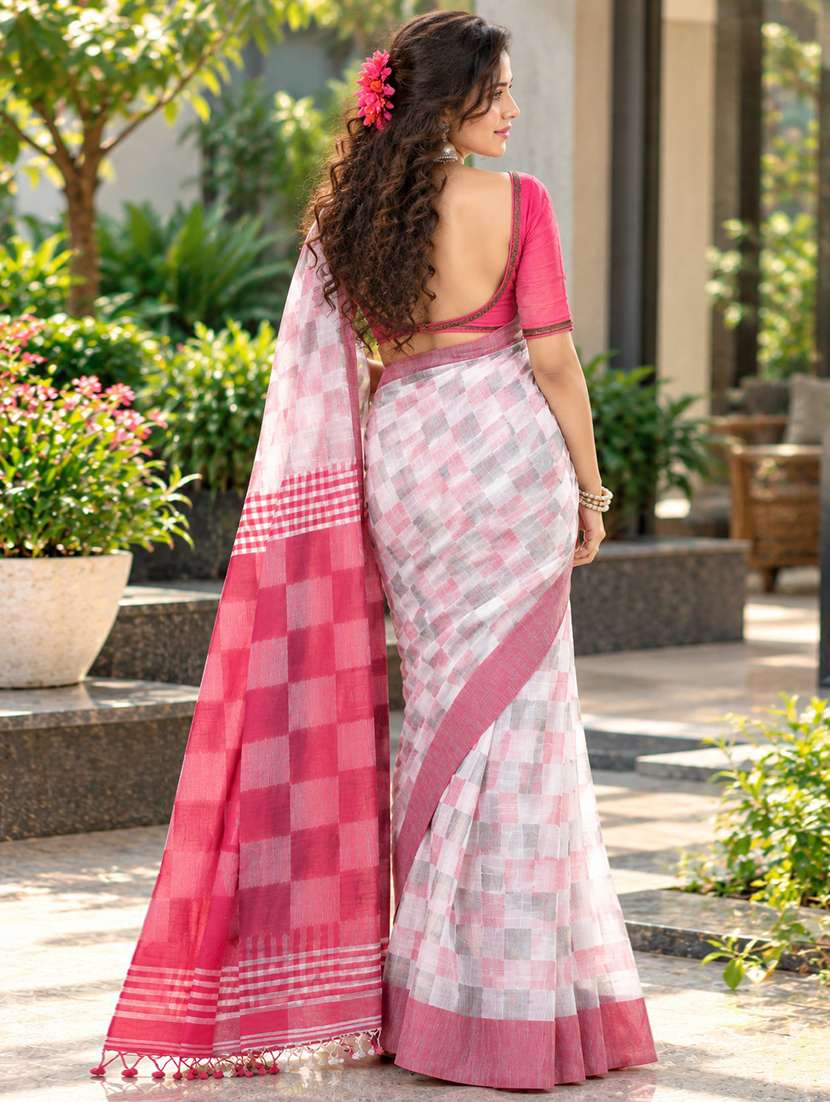 Women Checkered Handloom Saree With Blouse - 22725748 -  Standard Image - 3