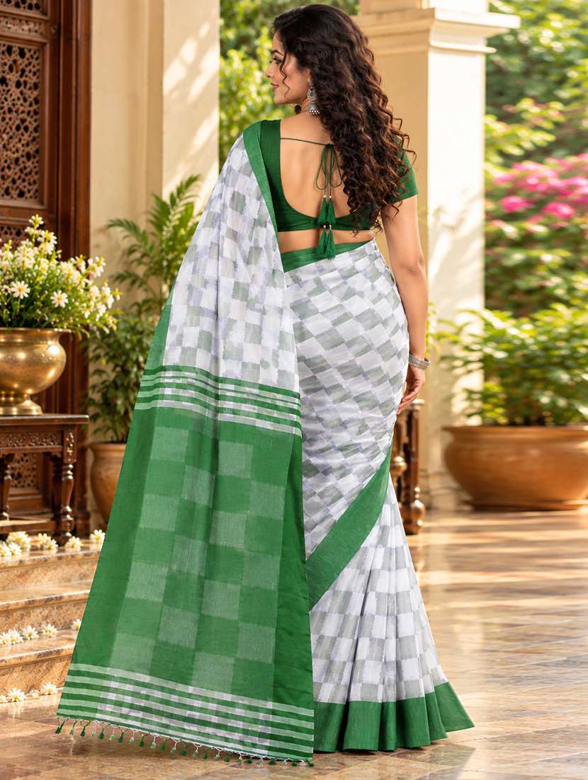 Women Checkered Handloom Saree With Blouse - 22725757 -  Standard Image - 3
