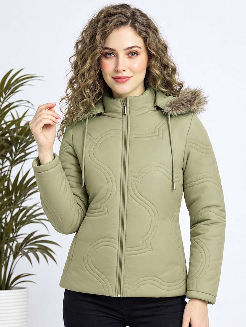 women solid long sleeves hooded puffer jacket