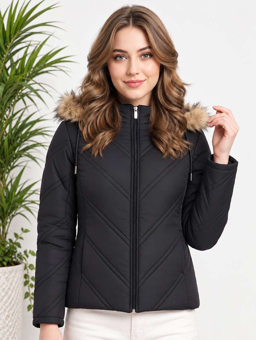 women solid long sleeves hooded puffer jacket