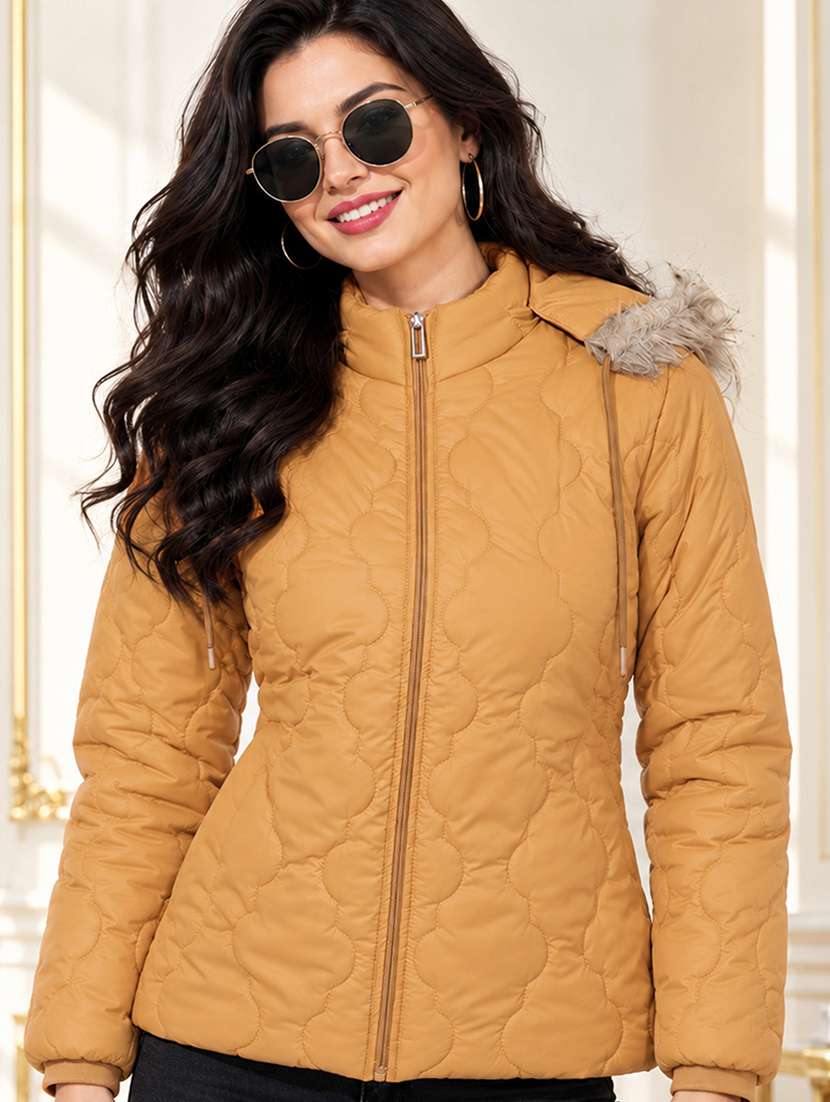 women solid long sleeves hooded puffer jacket
