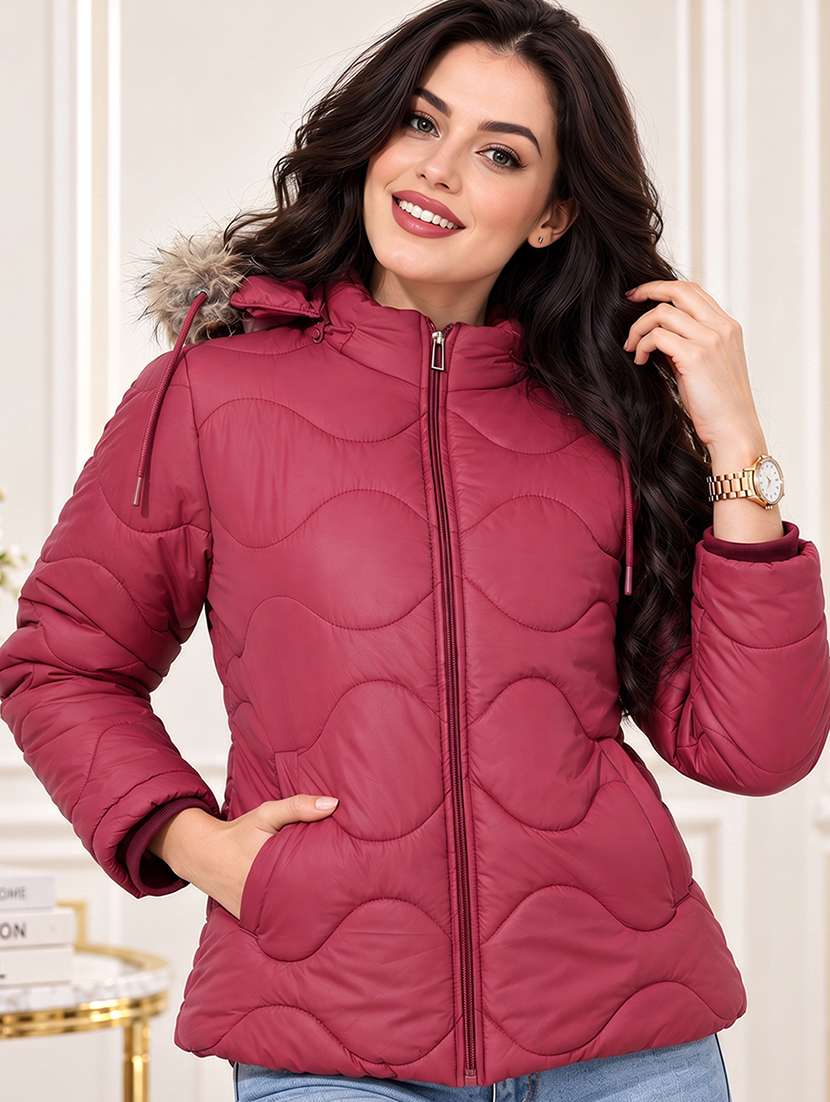 women solid long sleeves hooded puffer jacket