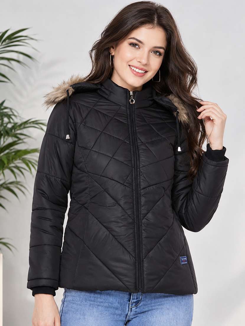 women solid long sleeves hooded puffer jacket