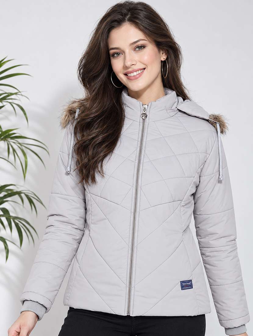 women solid long sleeves hooded puffer jacket