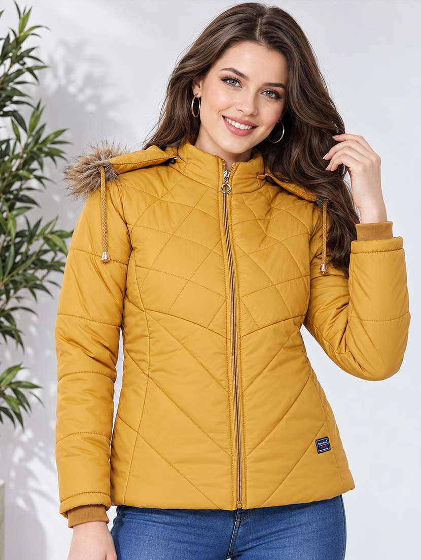 women solid long sleeves hooded puffer jacket