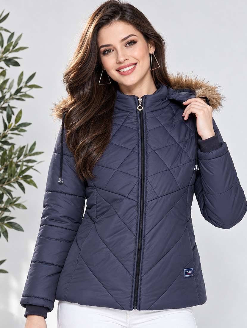 women solid long sleeves hooded puffer jacket