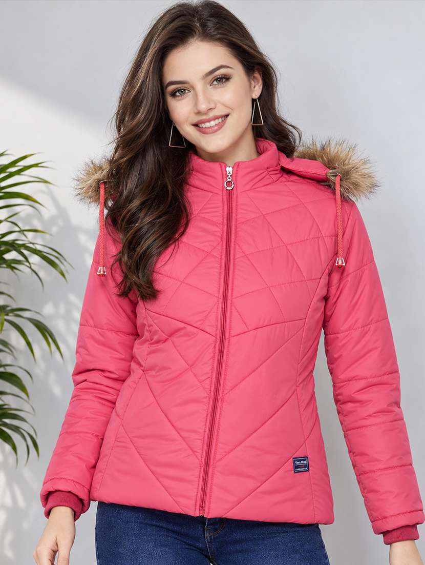 women solid long sleeves hooded puffer jacket