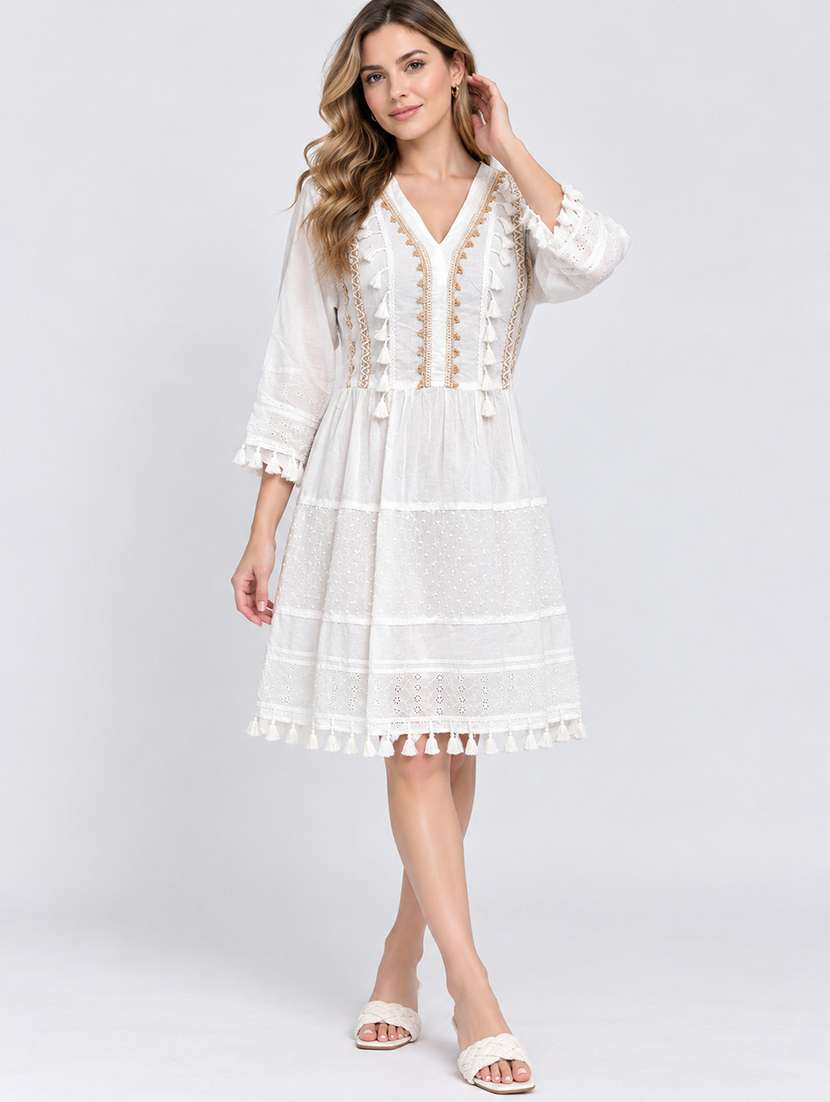 women self design three quarter sleeves tiered dress