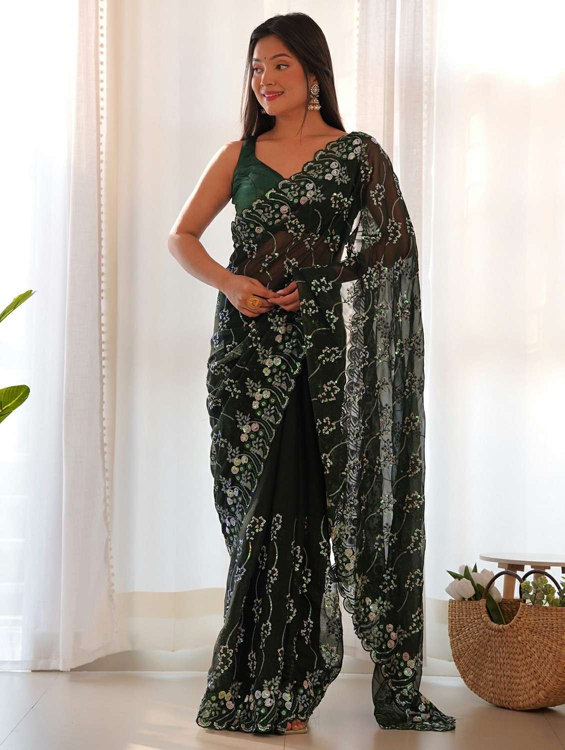 women solid with work embellished saree with blouse